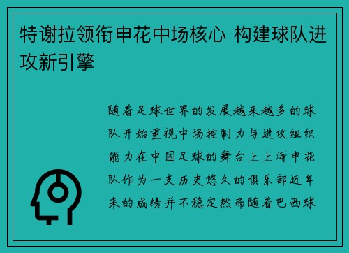 特谢拉领衔申花中场核心 构建球队进攻新引擎
