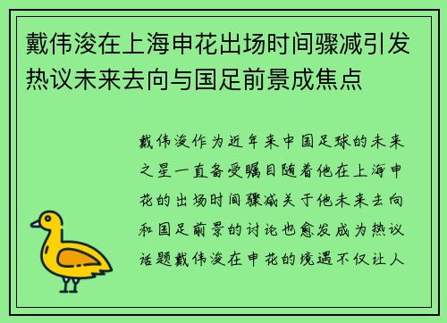 戴伟浚在上海申花出场时间骤减引发热议未来去向与国足前景成焦点
